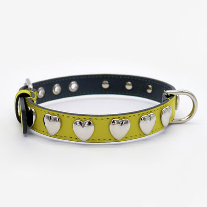 Emma Firenze Leather Dog Collar with Hearts Motif in Lemon or Fuschia