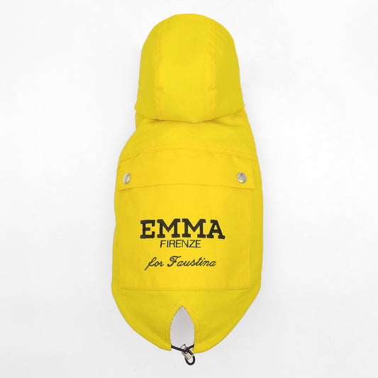 EMMA FIRENZE MADE TO MEASURE Dog RAINCOATS IN "FIRE DOG" YELLOW & "REFLECTIVE" SILVER