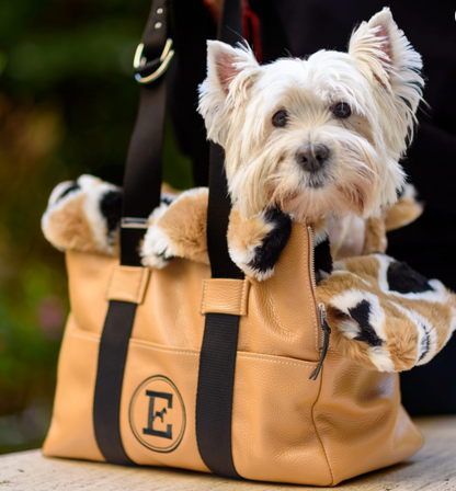 EMMA FIRENZE CAMEL DOG LEATHER CARRIER BAG WITH FAUX FUR