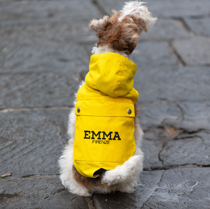 EMMA FIRENZE MADE TO MEASURE Dog RAINCOATS IN "FIRE DOG" YELLOW & "REFLECTIVE" SILVER